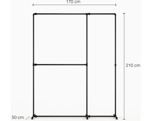 Schwarzer Kleiderständer aus Metall mit den Maßen 170 x 210 x 50 cm