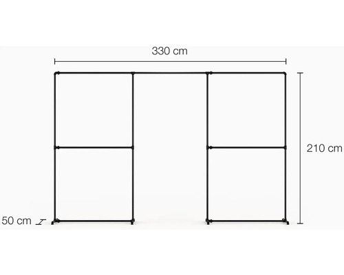 Kleiderständer aus Metall mit Abmessungen: 330 Zentimeter breit, 210 Zentimeter hoch, 50 Zentimeter tief