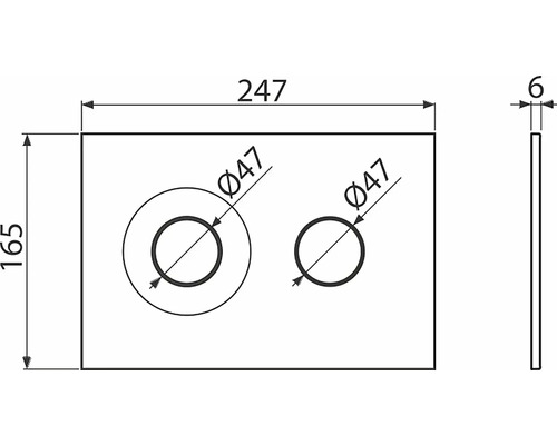 Technische Zeichnung einer Betätigungsplatte mit den Maßen 247 x 165 x 6 mm und zwei Aussparungen mit einem Durchmesser von 47 mm.