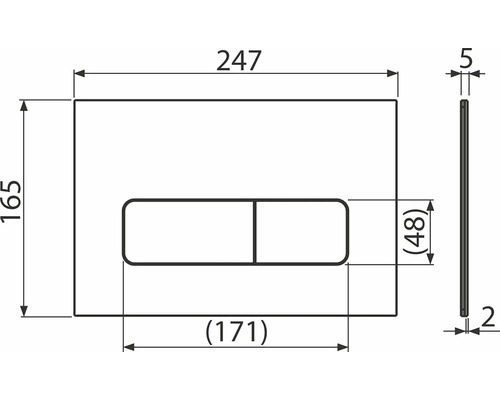 Technische Zeichnung einer Betätigungsplatte mit Maßangaben