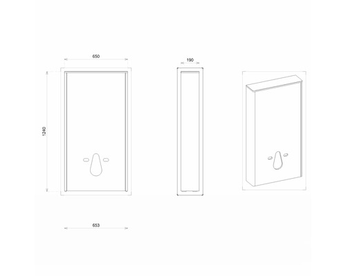 Technische Zeichnung eines Spiegelschrankes mit den Maßen 1240 x 650 x 190 mm.