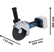Bosch Trennschleifer mit den Maßen 309 mm Höhe, 114 mm Breite und 334 mm Länge.