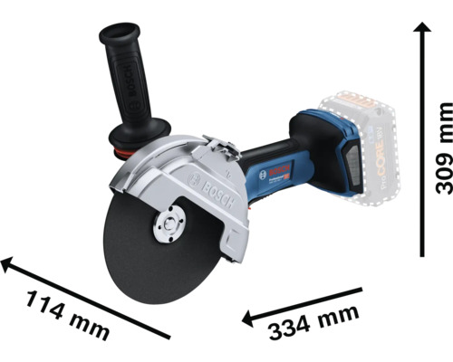 Bosch Trennschleifer mit den Maßen 309 mm Höhe, 114 mm Breite und 334 mm Länge.