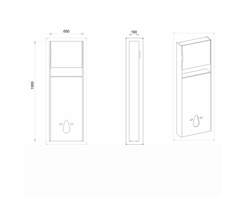 Technische Zeichnung eines Spenders mit den Maßen 650 x 190 x 1900 mm.