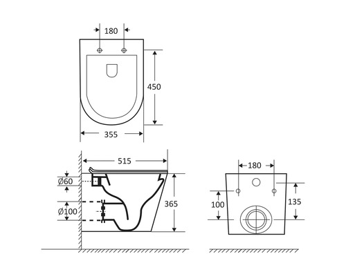 Technische Zeichnung eines Wand-WCs mit Bemaßung
