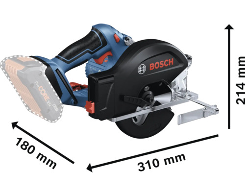 Bosch Akku-Kreissäge mit Maßangaben