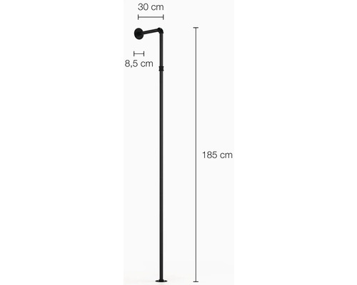 Abmessungen einer schwarzen Duscharmatur: 185 cm Höhe, 30 cm Ausladung, 8,5 cm Wandabstand