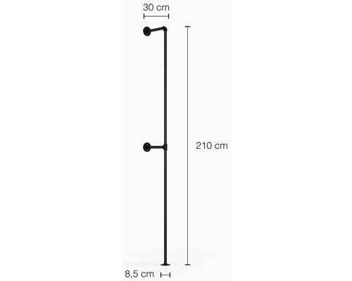 Schwarzer Kleiderständer mit den Maßen 210 cm Höhe, 30 cm Tiefe und 8,5 cm Sockel