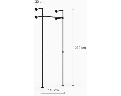 Schwarzer Kleiderständer mit Maßen 230 cm Höhe, 110 cm Breite und 30 cm Tiefe