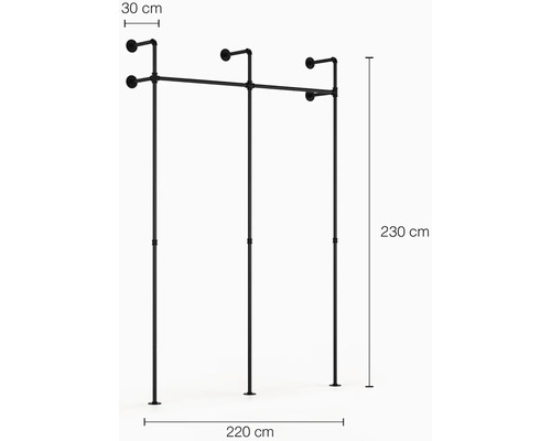 Schwarzer Kleiderständer aus Metall mit den Maßen 30, 220 und 230 Zentimeter.