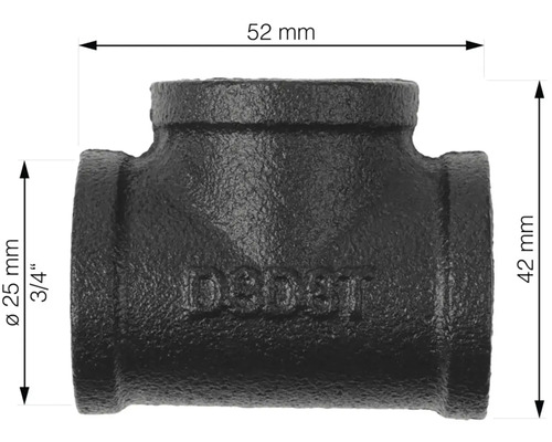 T-Stück aus Gusseisen mit den Maßen 52 mm und 42 mm sowie einem Durchmesser von 25 mm