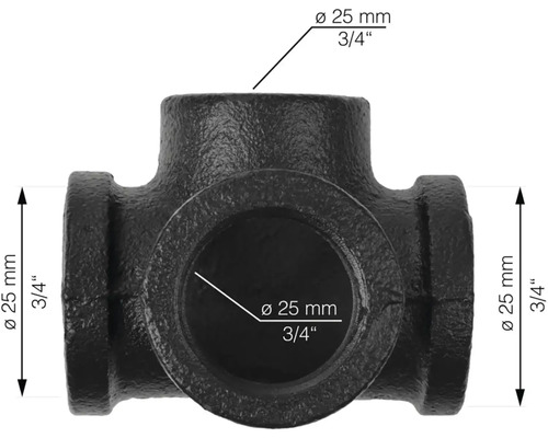 Schwarzes T-Stück mit einem Durchmesser von 25 mm