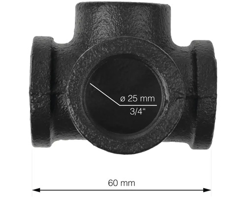 Schwarzes Temperguss-Formstück T-Stück mit 25 mm Durchmesser
