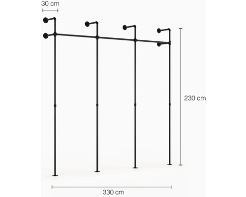 Freistehende Kleiderstange aus Stahlrohr, 230 cm hoch und 330 cm breit