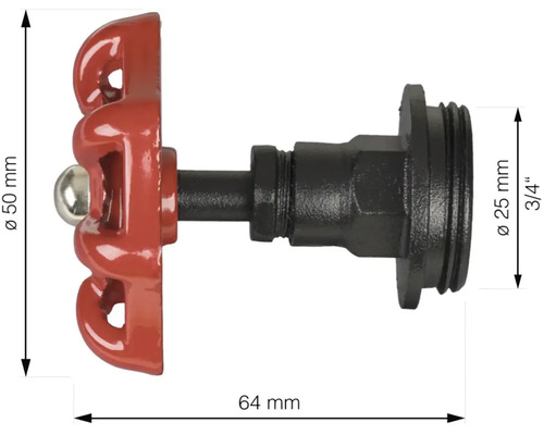 Ventilhahn aus Metall mit den Maßen 50 Millimeter, 25 Millimeter und 64 Millimeter