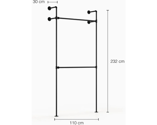 Kleiderständer aus Metall mit zwei Stangen und den Maßen 232 x 110 x 30 cm