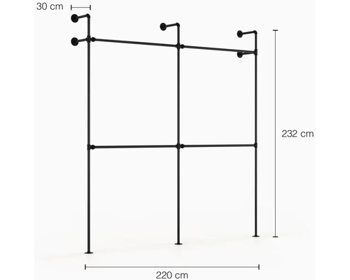 Schwarzer Kleiderständer aus Metall mit den Maßen 232 x 220 x 30 cm.