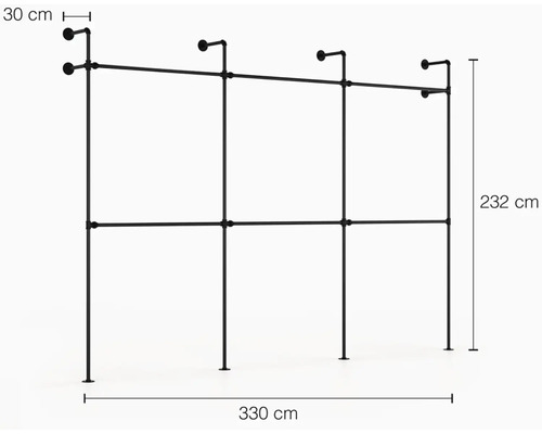 Kleiderständer aus Rohren mit den Maßen 330 mal 232 mal 30 Zentimeter