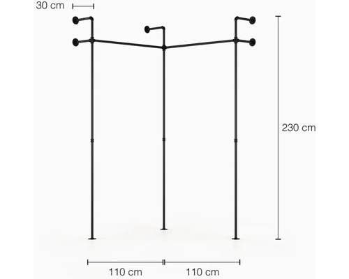 Schwarzer Garderobenständer aus Rohren mit den Maßen 30 cm, 110 cm und 230 cm
