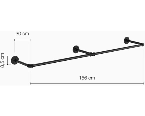 Schwarze Kleiderstange mit den Maßen 30 cm, 8,5 cm und 156 cm.
