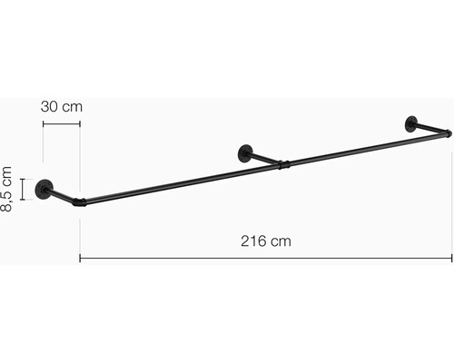 Schwarze Kleiderstange mit den Maßen 216 cm Länge, 30 cm Tiefe und 8,5 cm Höhe.