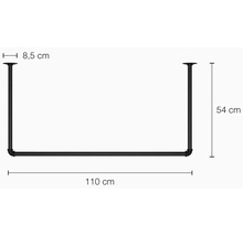 Abbildung einer schwarzen Kleiderstange mit den Maßen 8,5 cm, 54 cm und 110 cm.