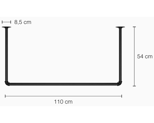 Abbildung einer schwarzen Kleiderstange mit den Maßen 8,5 cm, 54 cm und 110 cm.
