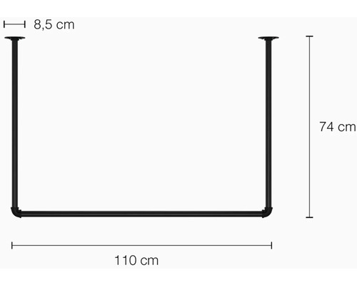 Abmessungen einer schwarzen Kleiderstange: 8,5 cm tief, 74 cm hoch und 110 cm breit.