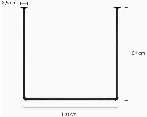 Schwarze Kleiderstange aus Metall mit den Maßen 110 cm Breite, 104 cm Höhe und 8,5 cm Deckenabstand