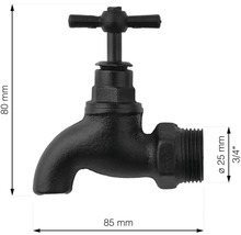 Wasserhahn aus Metall mit den Maßen 80 mm Höhe und 85 mm Länge