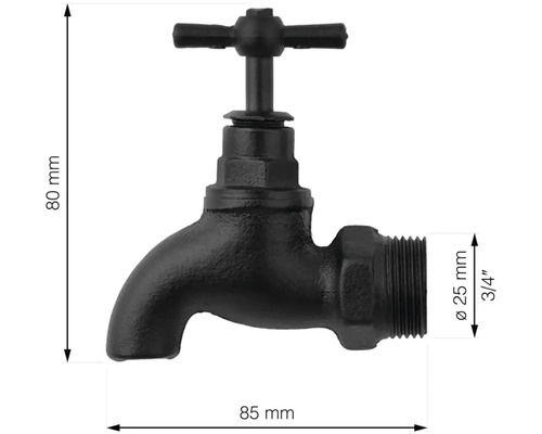 Wasserhahn aus Metall mit den Maßen 80 mm Höhe und 85 mm Länge