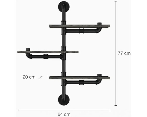 Wandregal mit drei Ablagen aus Holz und Rohren im Industrial Design, Abmessungen 77 cm hoch und 64 cm breit