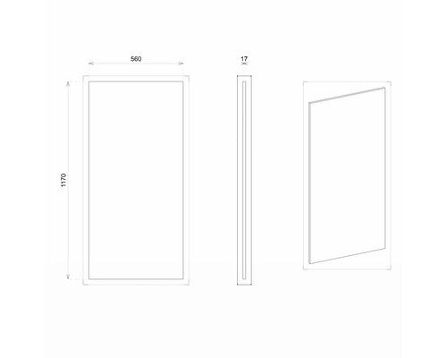 Technische Zeichnung eines Spiegels mit den Maßen 1170 x 560 x 17 Millimeter.