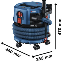 Bosch Staubsauger mit den Maßen 470 mm Höhe, 450 mm Breite und 355 mm Tiefe.