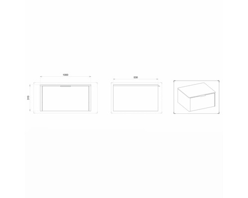 Technische Zeichnung eines Badezimmerunterschranks mit Maßangaben.