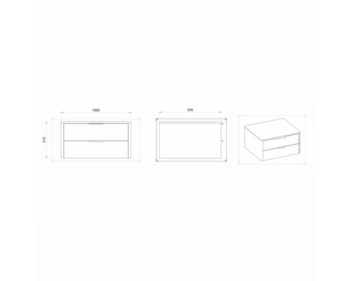 Technische Zeichnung eines Waschtischunterschranks mit Abmessungen