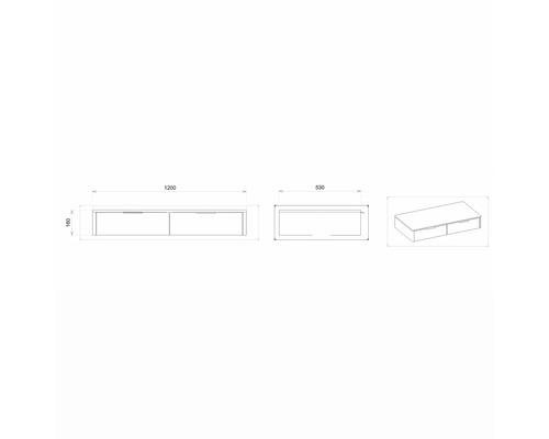 Technische Zeichnung eines Unterschranks mit Schubladen, Maße 1200 x 530 x 160 Millimeter.