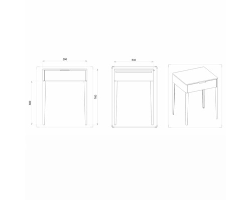 Technische Zeichnung eines Nachttisches mit Schublade und Maßangaben