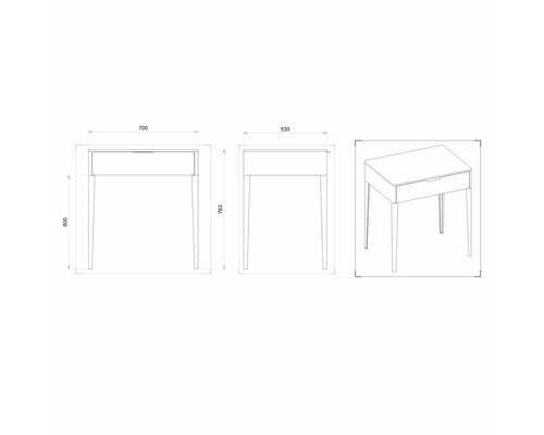 Skizze eines Schreibtischs mit Maßangaben