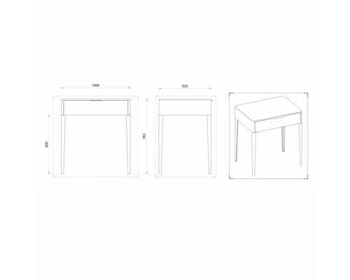 Technische Zeichnung eines Nachttisches mit Schublade und Maßen