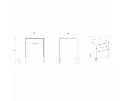 Technische Zeichnung einer Kommode mit drei Schubladen und Maßangaben.