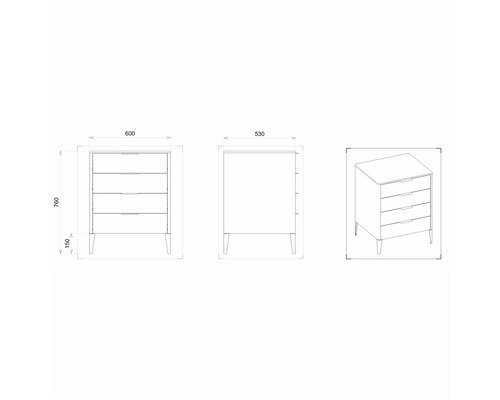 Technische Zeichnung einer Kommode mit fünf Schubladen und Maßangaben