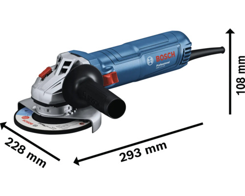 Bosch Professional Winkelschleifer mit den Maßen 293 mm Länge, 228 mm Breite und 108 mm Höhe