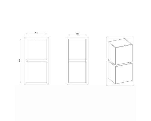 Technische Zeichnung eines Badmöbel-Sets mit Maßen