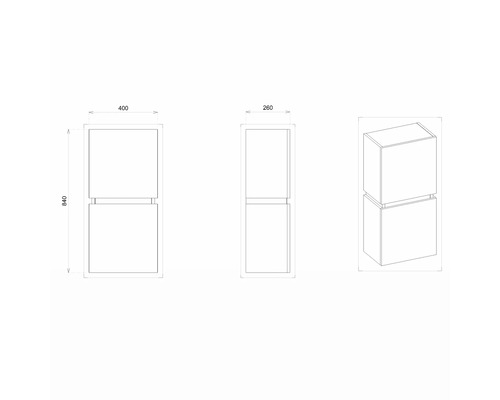 Technische Zeichnung eines Schranks mit den Maßen 400 x 260 x 840 Millimeter.
