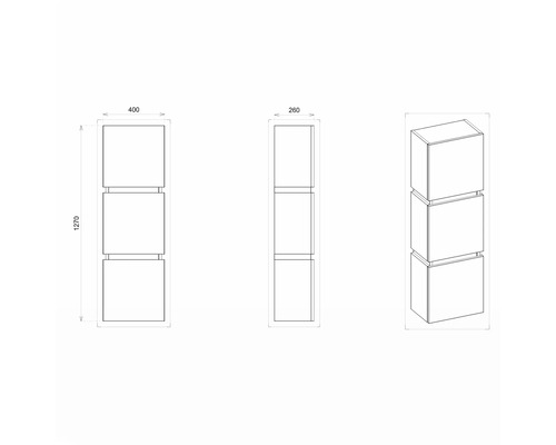 Technische Zeichnung eines Regals mit drei quadratischen Fächern, Maße: 1270 mm Höhe, 400 mm Breite, 260 mm Tiefe.