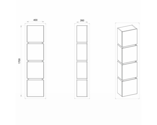 Produktzeichnung eines Regalschranks mit vier Fächern, Maße: Höhe 1700 mm, Breite 400 mm, Tiefe 260 mm.