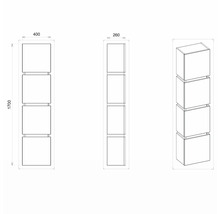Technische Zeichnung eines Regals mit vier quadratischen Fächern und Maßangaben.