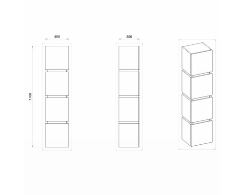 Technische Zeichnung eines Regals mit vier Fächern, Maße 400, 350 und 1700 Millimeter