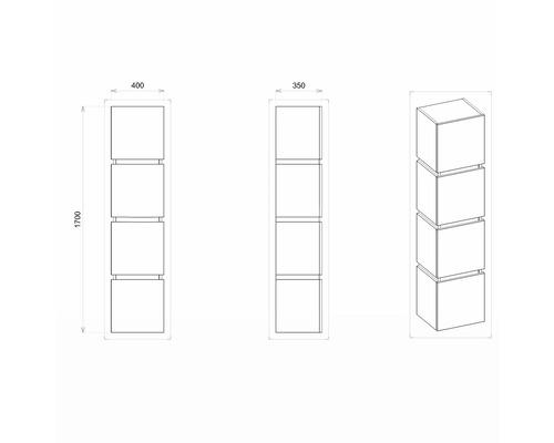 Technische Zeichnung eines Regals mit vier Fächern, Abmessungen: Höhe 1700 mm, Breite 400 mm, Tiefe 350 mm